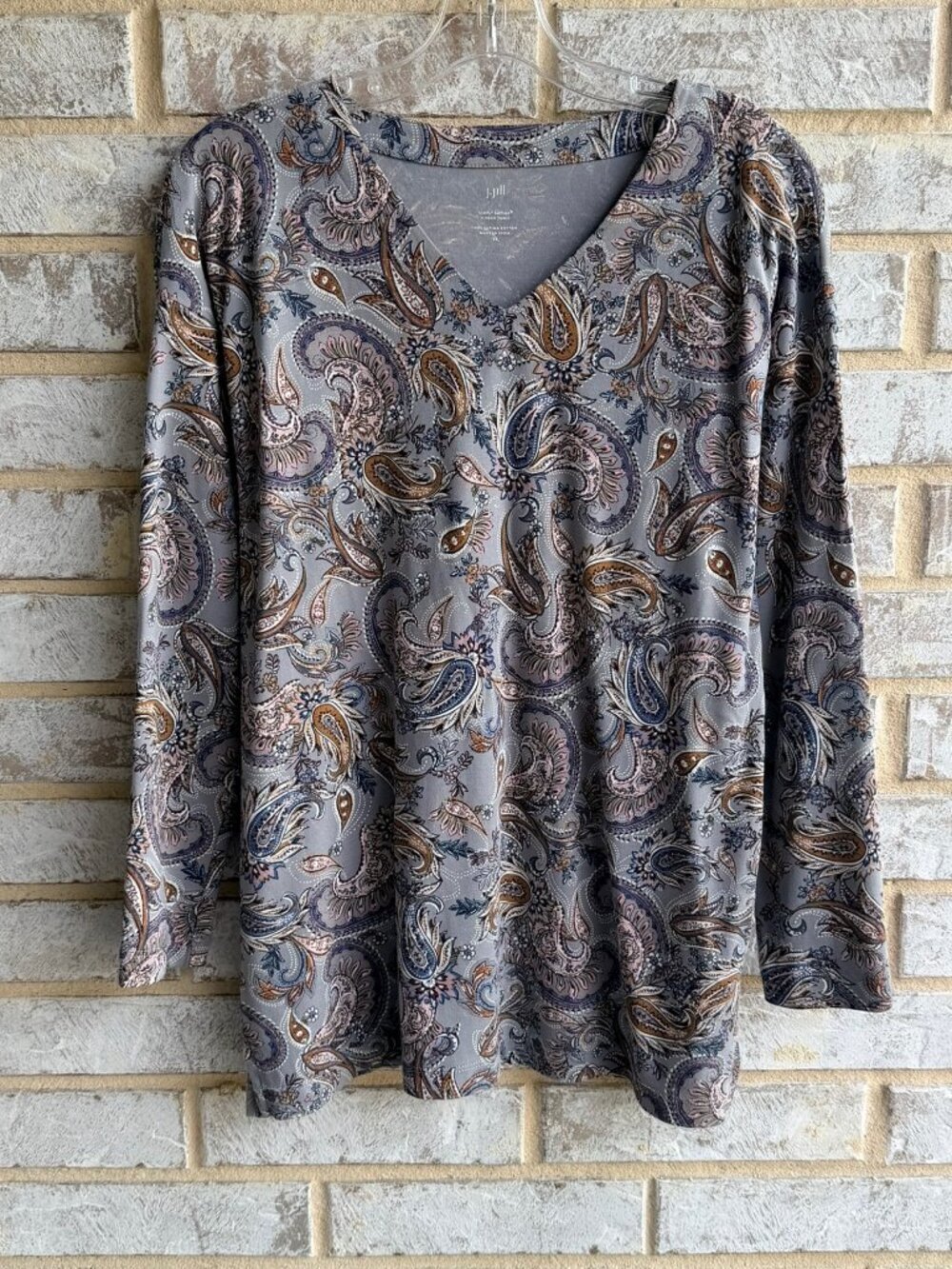 J. Jill 100% Supima Cotton Long Sleeve V-Neck Paisley Blouse Women's Size XS - Picture 1 of 7